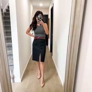 Vintage 99% Cotton Vivienne Tam Black Denim Pencil Skirt Burgundy Leather Zip 0